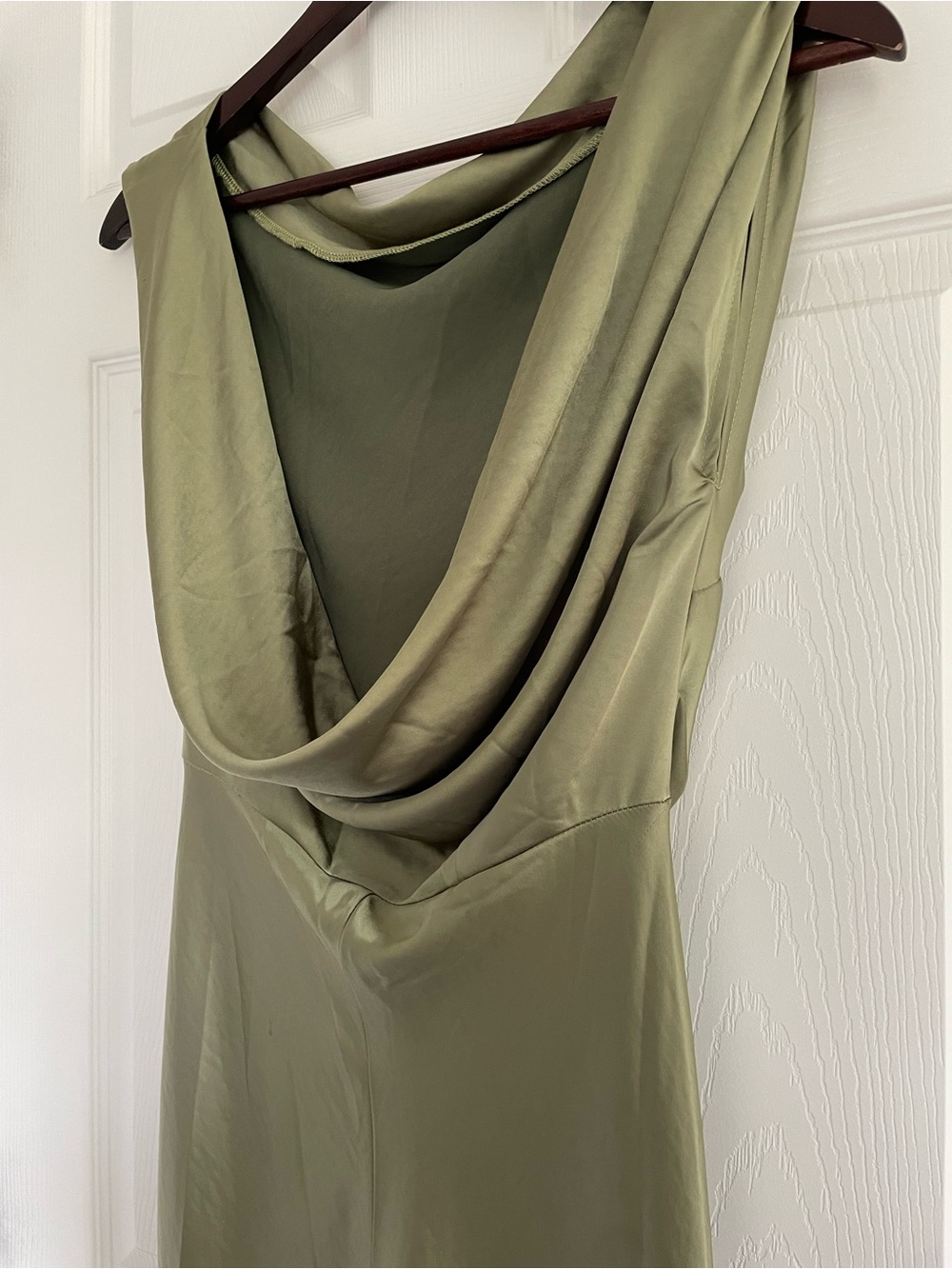 NWT Olive Green Satin Cowl Neck Midi Dress wedding guest fall wedding bridesmaid - Picture 11 of 13